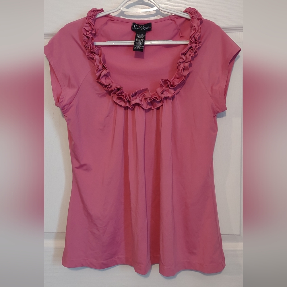 Susie Rose bright pink blouse with ruffle neckline